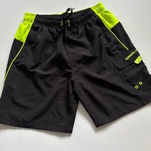 Speedo Black Swim Shorts with Neon Yellow/Green Accents.  Men’s size Large